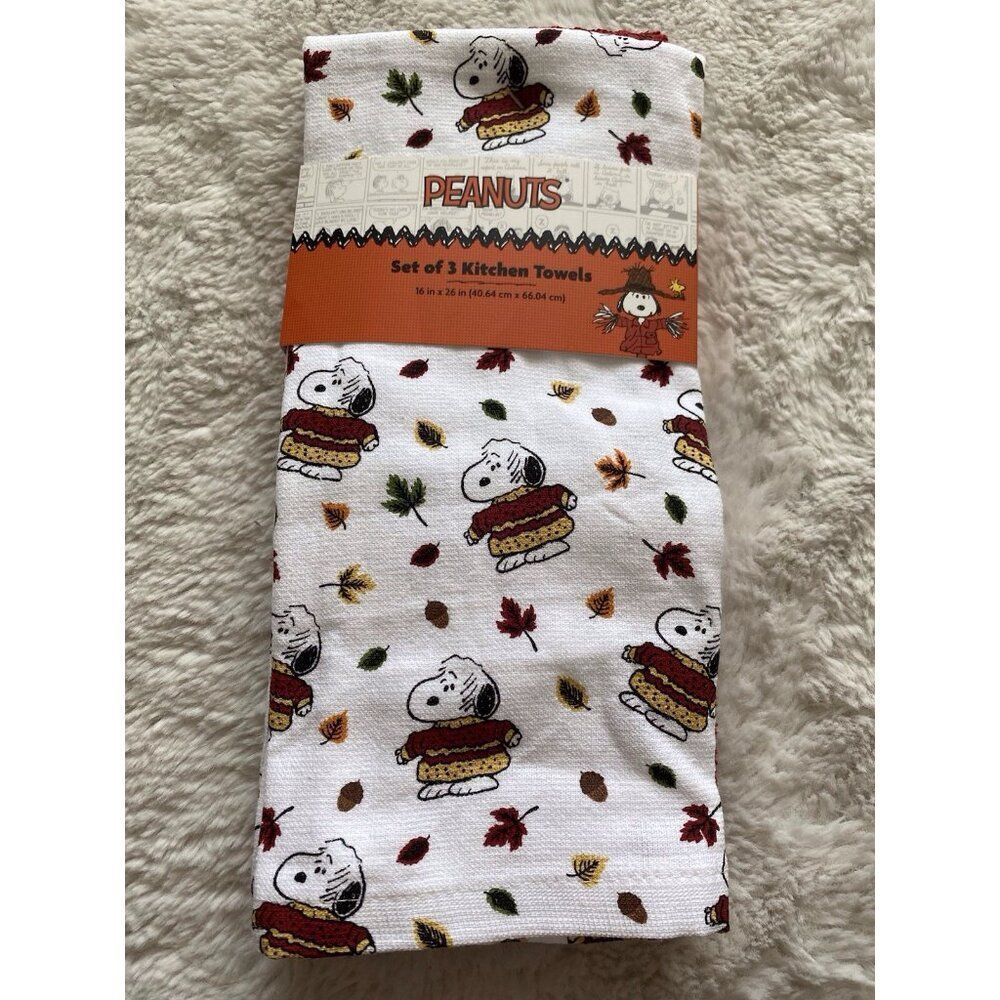 3 Pack Peanuts Snoopy Chunky Sweater Fall Autumn Leaves Kitchen Towels 16 X 26”
